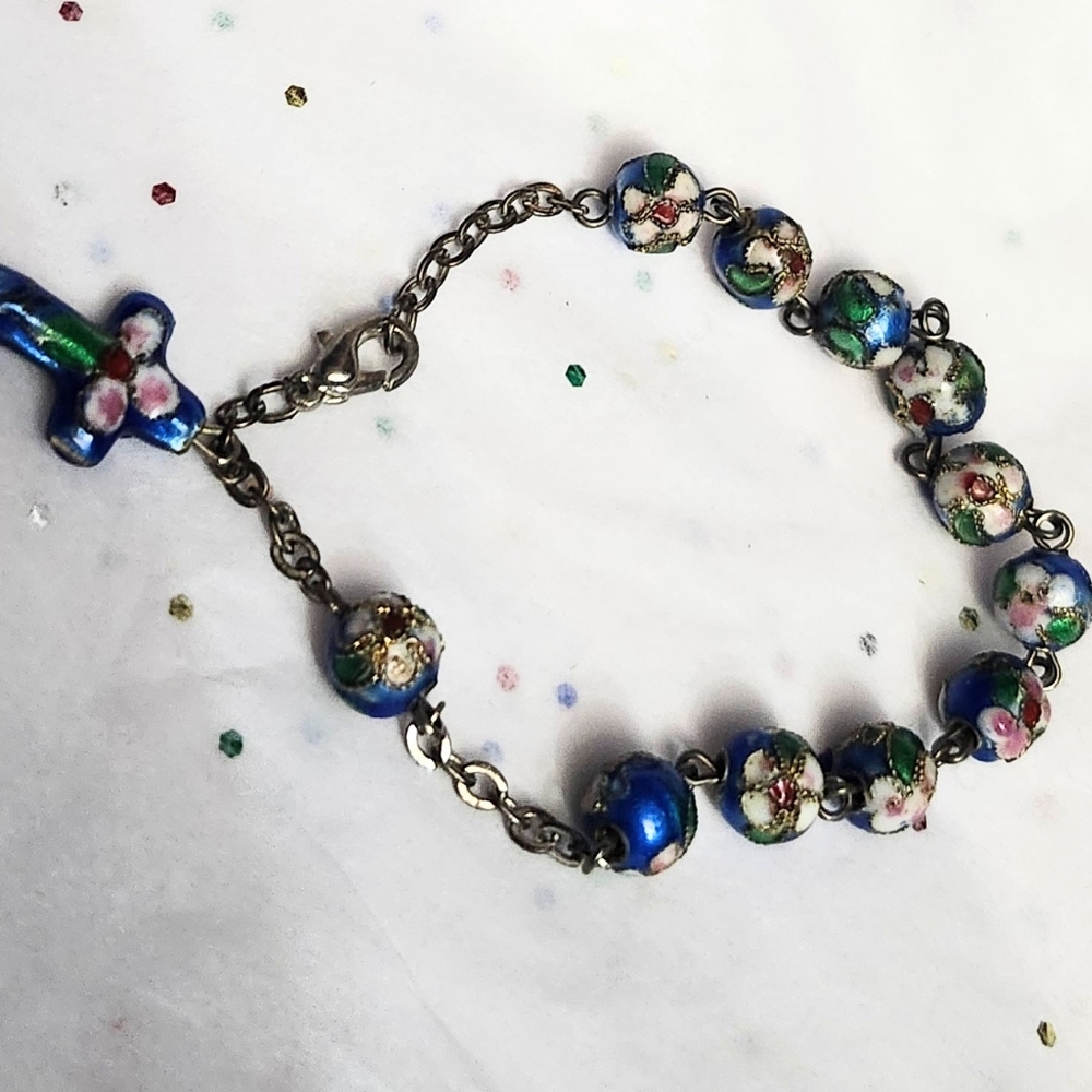 Vtg Cloissone Cloisonne Blue Enamel Rosary Cross Prayer Bead Bracelet - Picture 4 of 4